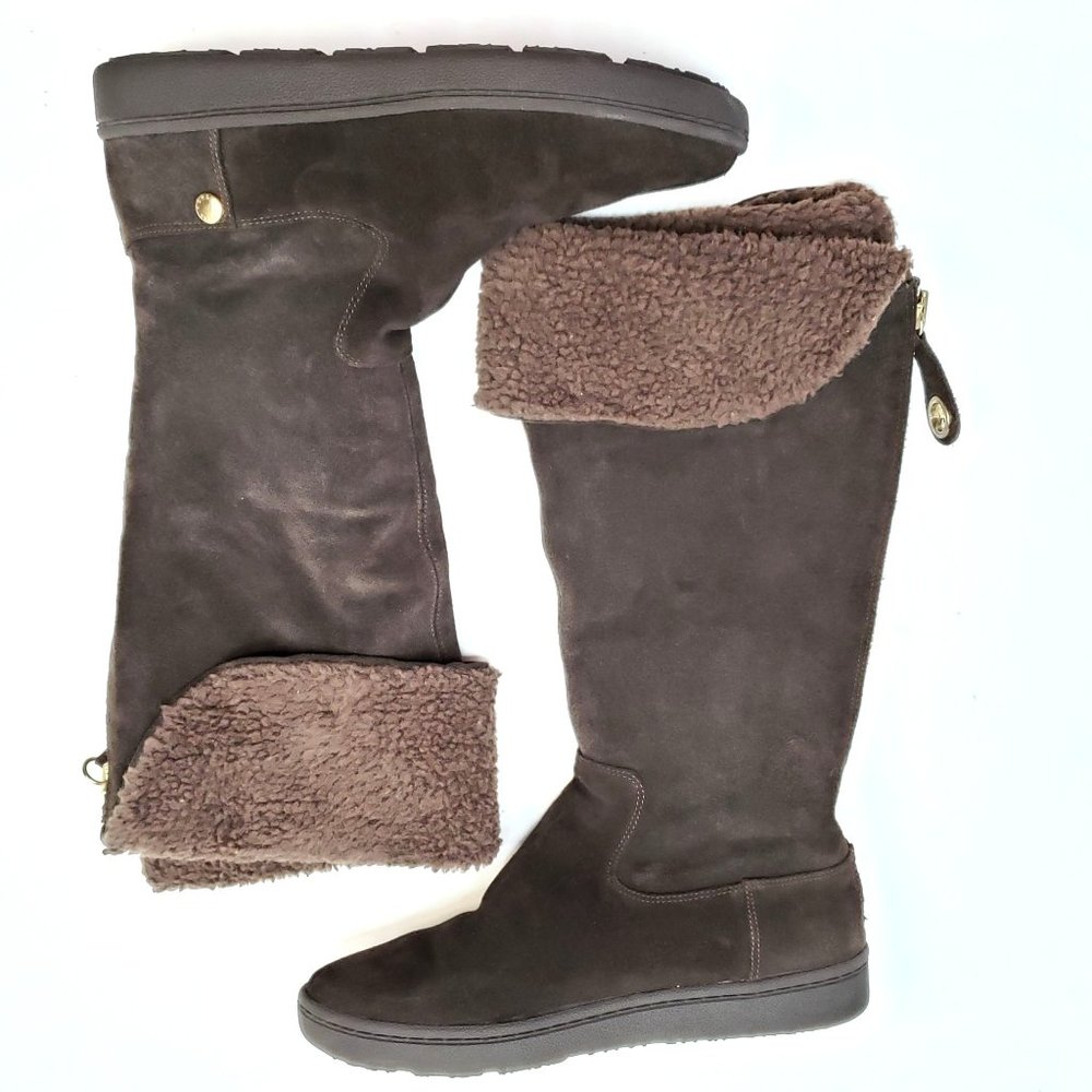 Michael Kors Fur Lined Boots Dark Brown Fold Over Sherpa Winter Boot Size 8M - Picture 1 of 12
